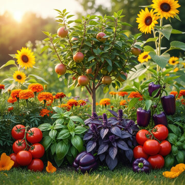 Sunlit edible garden with apple tree, tomato cluster, basil, purple pepper and marigold blooms creating abundant summer harvest joy