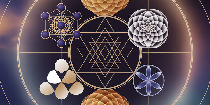 Geometric shapes, mandalas, sacred symbols, spiritual designs, mystical patterns
