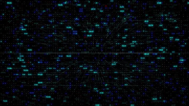 Digital Data Visualization Background Featuring Glowing Cyan And Blue Numerical Values Across A Dark Matrix. Complex Grid System With Floating Particles And Connected Lines Representing Big Data.