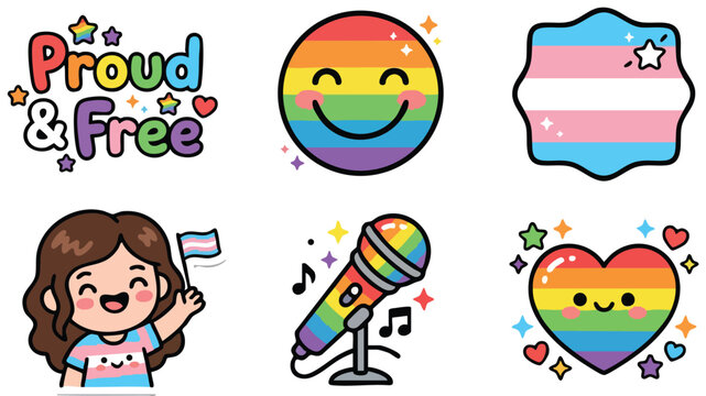 Colorful pride themed icons with transgender flag girl and rainbow microphone vector art