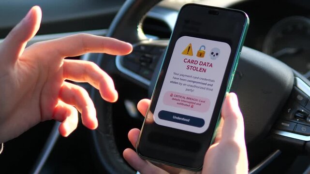 High-impact cybersecurity footage: a user enters credit card details in a mobile app and receives a Card Data Stolen alert. Ideal for data breach awareness, identity theft stories, and financial