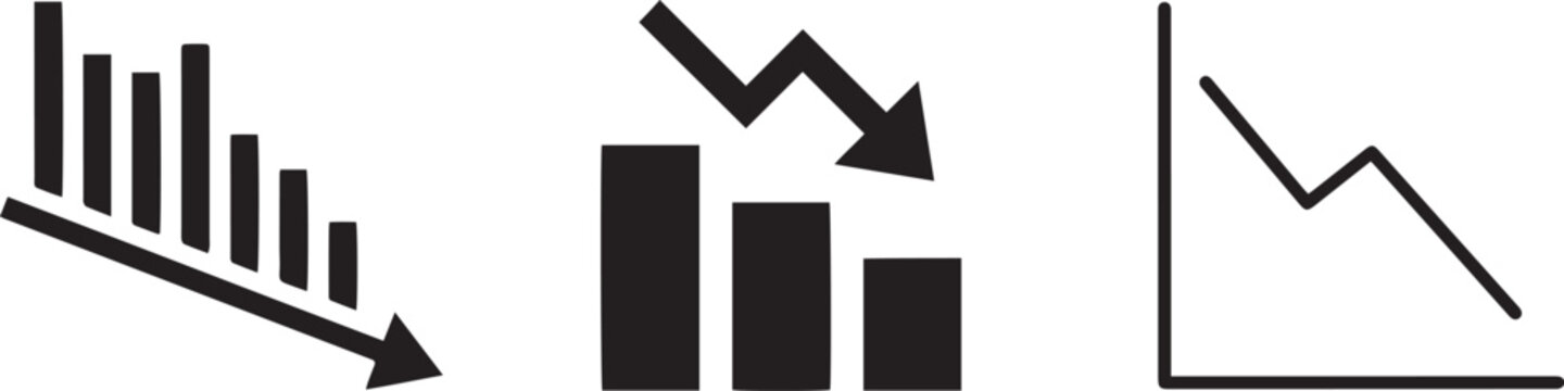 Business failure bar chart icons set showing financial loss and downward market trend with decreasing arrows for corporate data analysis and bankruptcy.