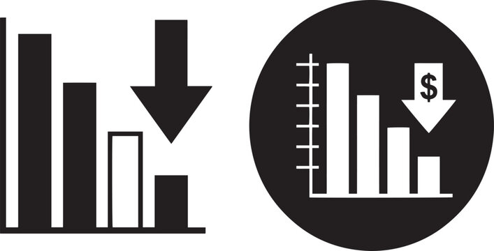 Business failure bar chart icons showing financial loss and downward market trend with dollar sign decreasing arrow for corporate data analysis bankruptcy.