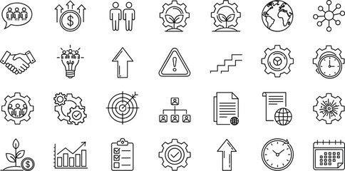 Fototapeta premium Business management growth icons, productivity teamwork collaboration graphics, corporate success innovation symbols, organizational strategy achievement design, professional illustration