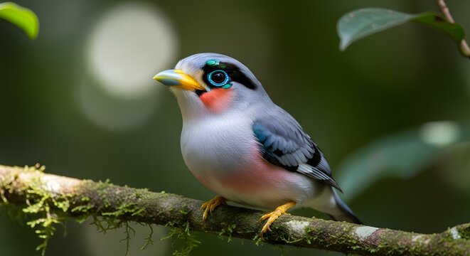 Silver-breasted broadbill perched on a mossy branch in lush green tropical forest with soft bokeh background