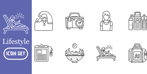 Fototapeta premium Summer Lifestyle and Wellness Icon Set: Minimalist Line Art for Sunbathing, Healthy Food, Skin Care, Travel, and Relaxation – Editable Stroke Vector Symbols for Web & Mobile Apps