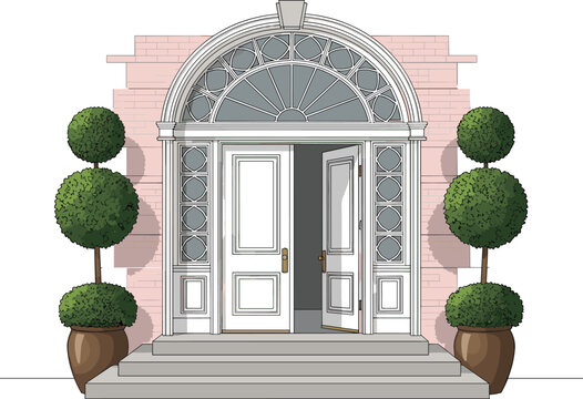 Elegant Building Entrance Vector Illustration Featuring Open Double Doors with Arched Window Decorative Facade and Topiary Plants
