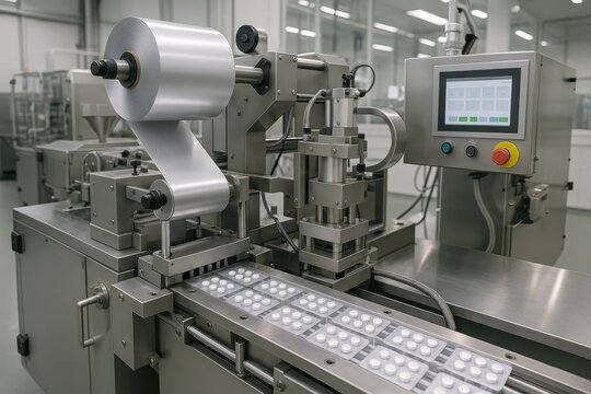 Automated pharmaceutical packaging machine sealing blister packs on a conveyor belt.