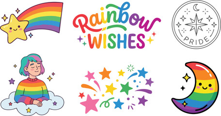 Obraz premium Colorful rainbow wishes text with cute star shooting star characters and person meditating on cloud