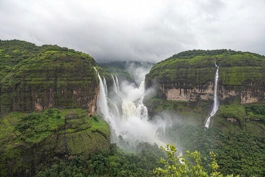 Devkund, Ring waterfall, Milkybar waterfall all seen at once from Savlya ghat view point in Plus valley, Pune