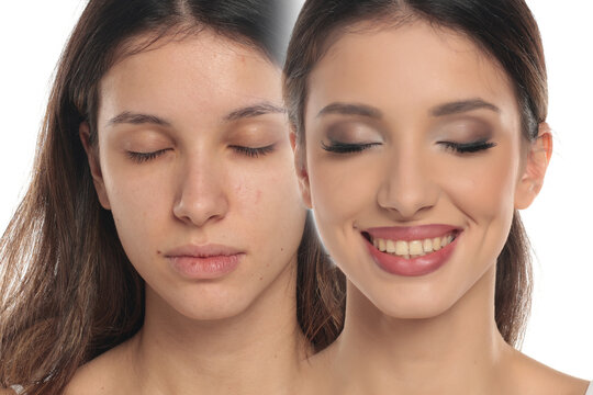 Studio shot of a young woman before and after makeup with closed eyes, portrait comparison collage on white background