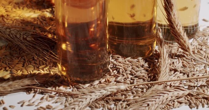 Golden light beer in clear glass bottles with swing tops standing in a group surrounded by malted barley grains on a white background, Several swing top glass bottles of fresh light craft beer