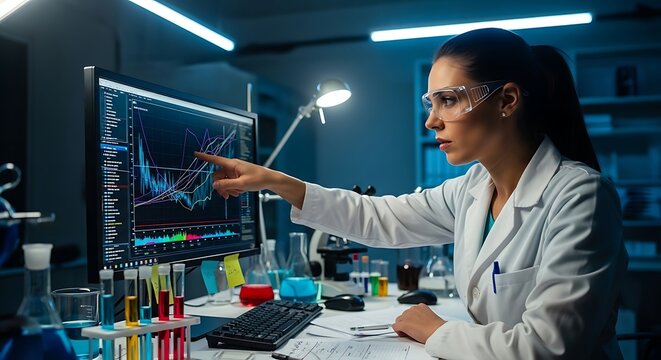 Scientist analyzing data on computer screen in laboratory setting.