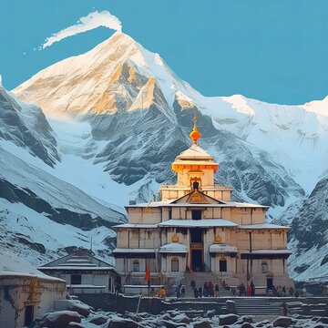 Majestic temple complex nestled amidst snowcapped Himalayan mountains radiates serene beauty during golden hour sunlight.