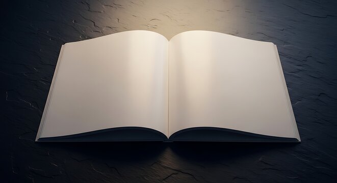 Open Blank Book on Dark Surface with Dramatic Lighting.