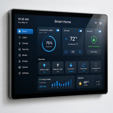 Smart home control panel on a tablet device showing various settings and information