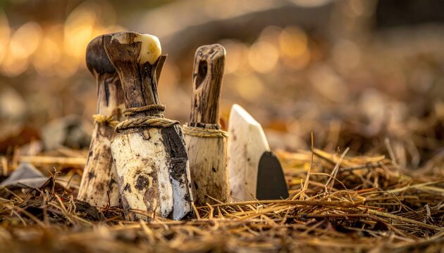 Ancient bone and flint primitive tools arranged on dry leaves, showcasing early human craftsmanship and survival ingenuity