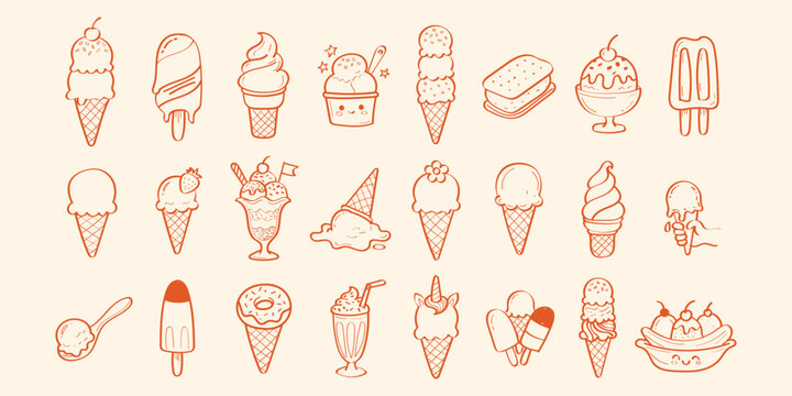 hand drawn doddle vector set of different ice cream types . line art . ice cream elements set . sketches ice cream art . vector illustration