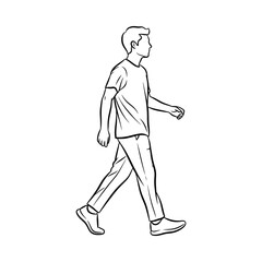 Fototapeta premium Young man walking casually in a relaxed pose, wearing a t-shirt and jeans, side view illustration