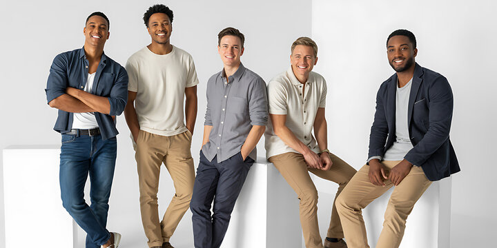 Five men in casual business attire, posing on white blocks, relaxed office style