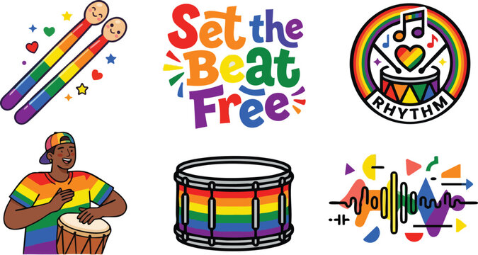 Colorful set the beat free lettering with rainbow drum and musician drumming