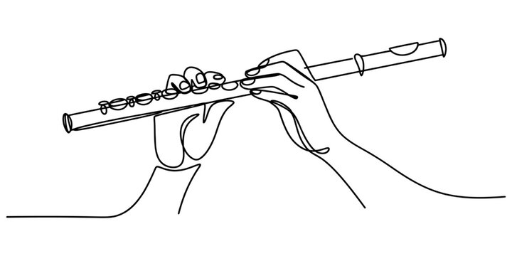 A continuous line drawing featuring a pair of hands gracefully playing a silver flute in a minimalist and simple style art form. Vector, illustration