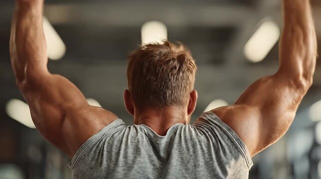 Muscular athlete performs pull ups in a gym showing back and arm muscles illuminated by natural lighting with a shallow depth of field focused on fitness