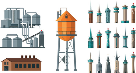 Obraz premium Industrial Factory and Water Tower Vector Set with Oil Refinery, Storage Tanks, and Communication Towers for Infrastructure and Urban Design Projects