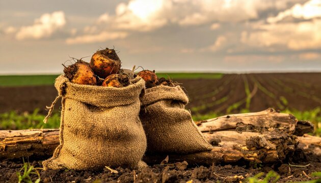Burlap sacks filled with freshly harvested root vegetables resting in a sunlit agricultural field