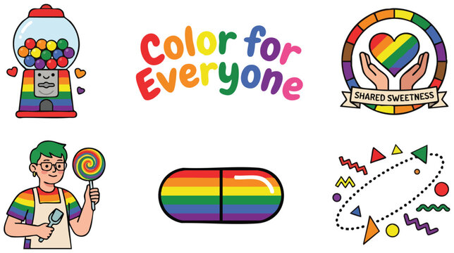 Color for everyone rainbow themed capsule candy gumball machine and shared sweetness hands vector art