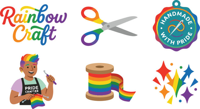 Colorful rainbow craft scissors sewing spool and pride crafter vector icons