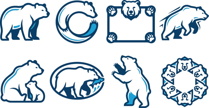 Minimalist polar bear logo set, 8 blue grizzly bear icons, modern wildlife mascot collection, arctic animal branding elements for sports and outdoors