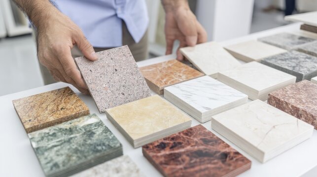 Person choosing tile samples in store for home renovation and interior design