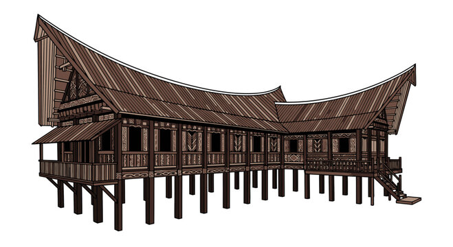 Traditional Indonesian Longhouse Architecture with Elevated Platform