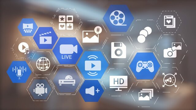 Multimedia technology with video, audio, photo and streaming icons representing digital media, communication and online platforms in a modern multimedia world. Gist