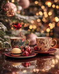 Fototapeta premium Cozy Christmas Tea Cup with Berries and Warm Holiday Lights