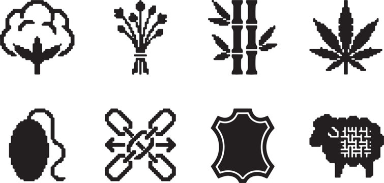 Black and white of cotton, flax, bamboo, silk, linen, leather, and wool also transparent background