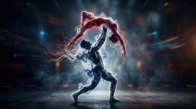 Powerful smoke figures performing artistic acrobatic lift on dark stage, representing strength, grace, balance.