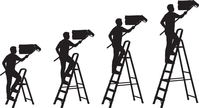 Silhouettes of four people painting on ladders in sequential positions also transparent background paintbrush