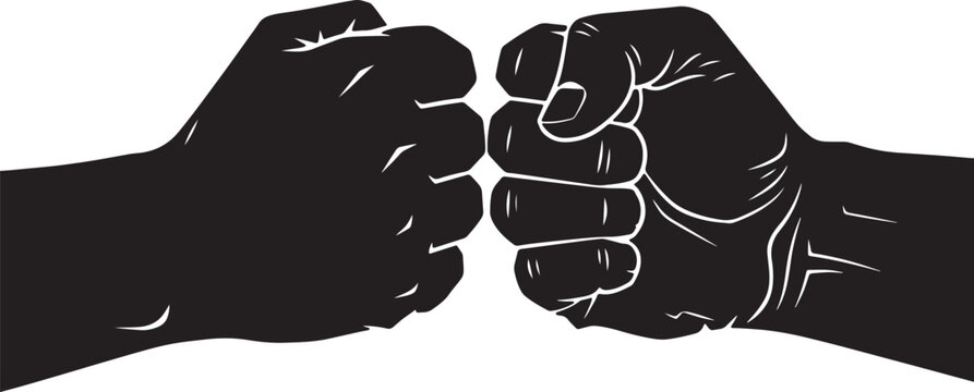 Two black fists in a solidarity gesture on a white background, also transparent background, clenched