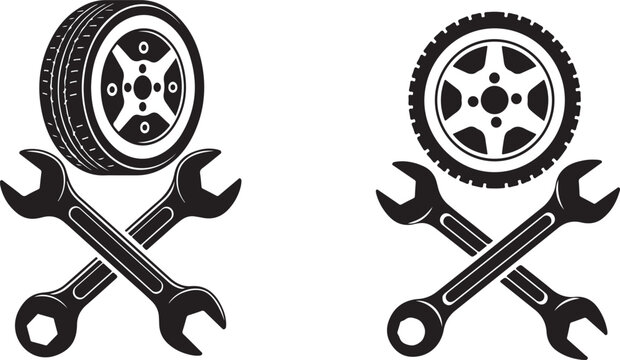 Black and white illustration of a tire and crossed wrenches on a white background