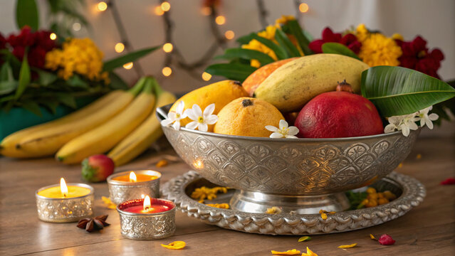Happy Ugadi Greeting Card Background With Decorated Kalash and mangoes traditional new year festival in karnataka andra paradesh and tamil nadu