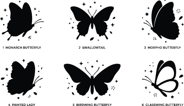 Black silhouette monarch swallowtail morpho painted lady birdwing glasswing butterfly icons
