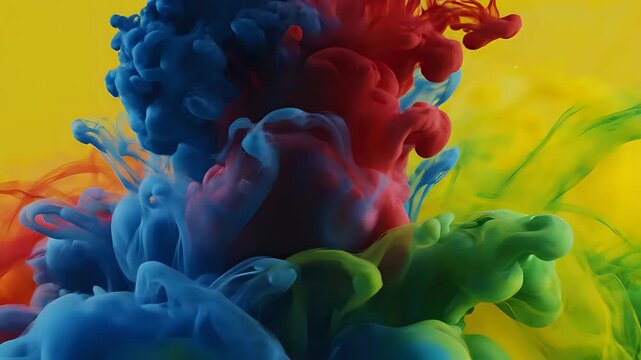 Vibrant Blue Ink Cloud Explodes in Water with Red and Green Hues.