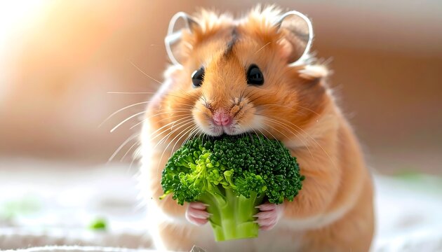Close-up of a fluffy, golden hamster happily munching on a piece of vibrant green broccoli. The sunlight glows warmly