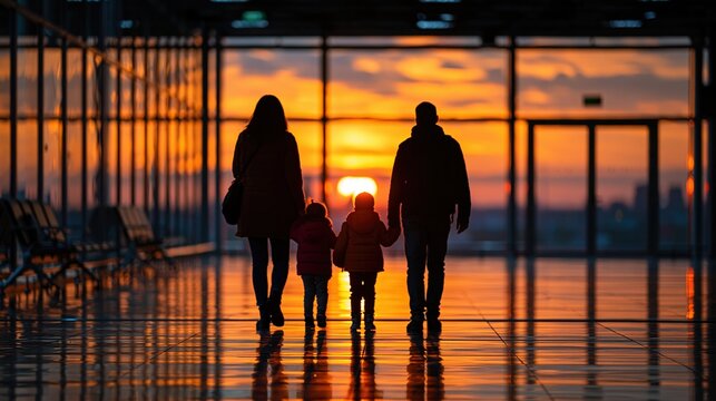 Family travel concept with three anonymous silhouettes walking together along airport glass wall at