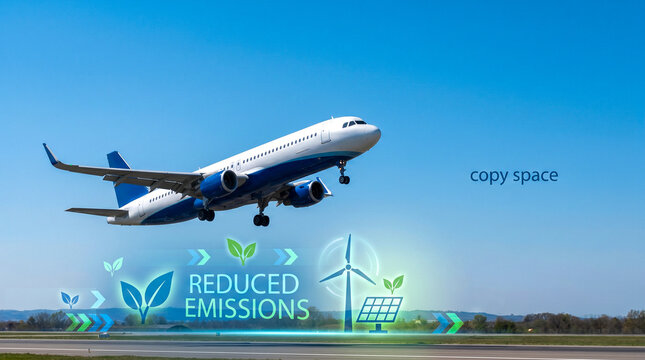 Avi&oacute;n comercial moderno despegando con cielo limpio y overlay sutil de gr&aacute;ficos digitales de emisiones reducidas y energ&iacute;a sostenible, estilo limpio, luz natural, composici&oacute;n publicitaria con copy spa