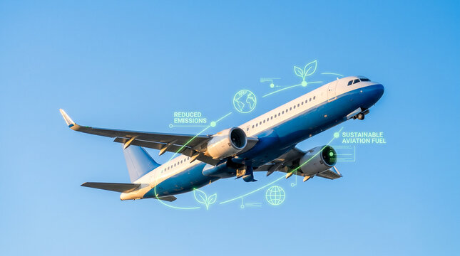 Avi&oacute;n comercial moderno despegando con cielo limpio y overlay sutil de gr&aacute;ficos digitales de emisiones reducidas y energ&iacute;a sostenible, estilo limpio, luz natural, composici&oacute;n publicitaria con copy spa