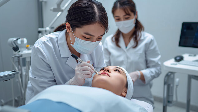 美容医療クリニックで施術に集中する日本人女性医師と清潔感ある治療空間