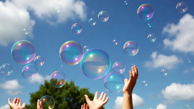 Children hands reaching up to catch many colorful shiny soap bubbles floating in blue sky